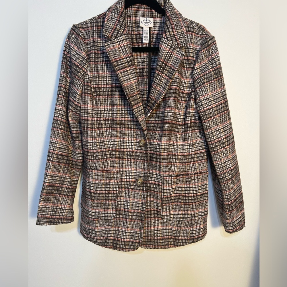St. John’s Bay Women's Classic Blazer Size L Brown Plaid Wool Tweed Blend